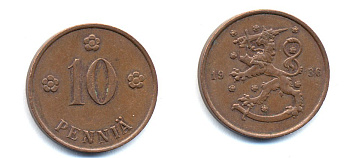 Финляндия 10 пенни 1936 республика (1918-1962) KM 24 медь 51-5521
