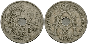 Бельгия 25 сантимов 1922 Belgique KM 68 медно-никель 4165-432