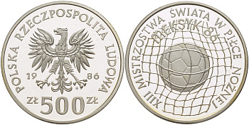 Польша 500 злотых 1986 MW, чемпионат мира по футболу в Мексике 1986 года, мяч в сетке ворот, тираж 16000 экземпляров KM 225, Parchimowicz 326 серебро PROOF 1085-1-72