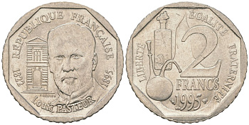 Франция 2 франка 1995 100 лет со дня смерти Луи Пастера KM 1119 никель UNC 4582-241