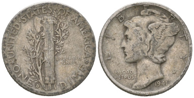 США 10 центов (дайм) 1941 D KM 140 серебро 3334-1246