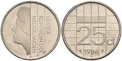 Нидерланды 25 центов 1986 Беатрикс (1980-2013) KM 204 никель UNC 4588-866