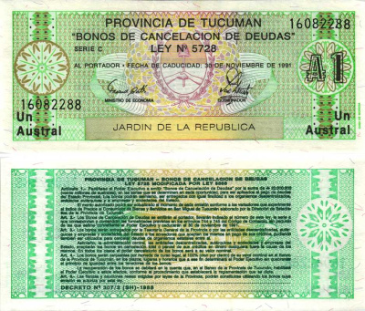 Аргентина, провинция Тукуман 1 аустраль 1991 Pick S 2711b бумага UNC (пресс) 7487-65-1-2