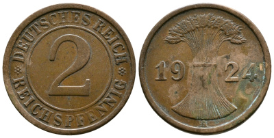ГЕРМАНИЯ 2 РЕЙХСПФЕННИГА 1924 A KM 38, J. 314 бронза 93-712