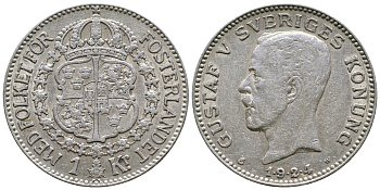 Швеция 1 крона 1924 W, Густав V (1907-1950) , цифры даты разделены точками KM 786.1 серебро 4178-617