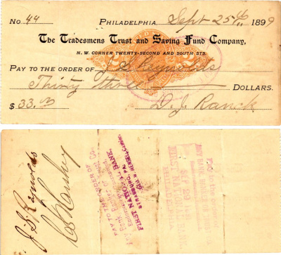 США чек на 33 долларов 1899 Филадельфия бумага 3295-34-2-1