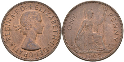 Великобритания 1 пенни 1967 Елизавета II (1952-2022) KM 897, Spink 4157 бронза 4574-321