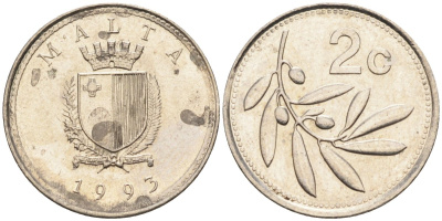 Мальта 2 цента 1993 оливковая ветвь KM 94 медно-никель 112-1052