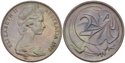 АВСТРАЛИЯ 2 ЦЕНТА 1977 ЕЛИЗАВЕТА II, МОЛОДОЙ ПОРТРЕТ, ПЛАЩЕНОСНАЯ ЯЩЕРИЦА (FRILLED LIZARD) KM 63 бронза UNC 4566-417