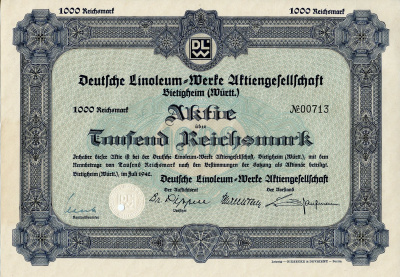 Германия 1000 рейхсмарок 1942 АО Немецкий линолеум-Верке, Битигхайм, акция   бумага   8804-117-1