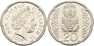 Новая Зеландия 20 центов 2008 Елизавета II (1952-2022), идол Пукаки KM 118а никелированная сталь 4579-1241