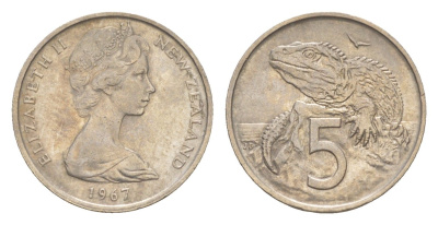 Новая Зеландия 5 центов 1967 Елизавета II (1952-2022), ящерица гаттерия KM 34 медно-никель 4651-162