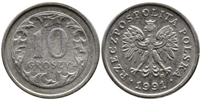 ПОЛЬША 10 ГРОШЕЙ 1991 MW KM 279 медно-никель 4387-646
