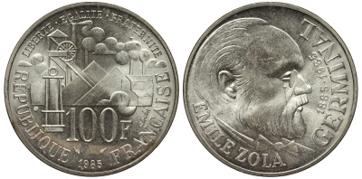 Франция 100 франков 1985 100 лет со дня рождения Эмиля Золя KM 957 серебро UNC 1516-1622