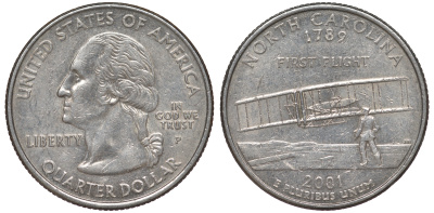 США 25 центов = квотер 2001 Р, серия штаты США, Северная Каролина KM 319 медь плакированная медно-никелем 4538-254
