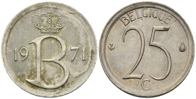 БЕЛЬГИЯ 25 САНТИМОВ 1971 BELGIQUE KM 153.1 медно-никель 4528-1025