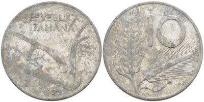 ИТАЛИЯ 10 ЛИР 195Х R, ПЛУГ, КОЛОСЬЯ KM 93 алюминий 175-433