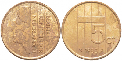 НИДЕРЛАНДЫ 5 ЦЕНТОВ 1988 БЕАТРИКС KM 202 бронза 3856-536