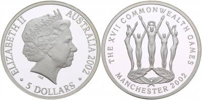 Австралия 5 долларов 2002 XVII Игры Содружества, гимнасты KM 652 серебро PROOF 1068-2-43