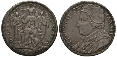 Ватикан 1 пиастр 1702 Климент XI. На восстановление базилики Санта-Мария-ин-Трастевере, повреждение гурта Dav. 1429, Muntoni 33 серебро 10-005-52