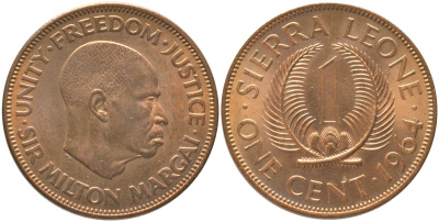 Сьерра-Леоне 1 цент 1964 Милтон Маргаи KM 17 бронза UNC 73-311