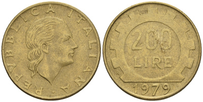 Италия 200 лир 1979 R, шестерня KM 105 алюминиевая бронза 85-437