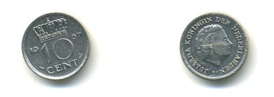 НИДЕРЛАНДЫ 10 ЦЕНТОВ 1967 ЮЛИАНА KM 182 никель 4364-537