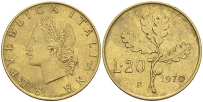 ИТАЛИЯ 20 ЛИР 1970 R, ДУБОВЫЕ ЛИСТЬЯ KM 97.2 алюминиевая бронза 4519-545