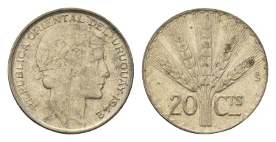 Уругвай 20 сентесимо 1942 год-тип KM 29 серебро 4669-628