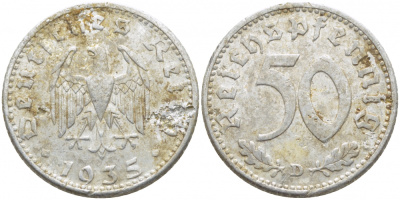 Германия 50 рейхспфеннигов 1935 D KM 87, J.368 алюминий 3856-754