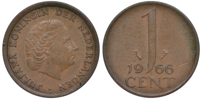 НИДЕРЛАНДЫ 1 ЦЕНТ 1966 ЮЛИАНА KM 180 бронза 45-421