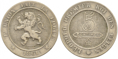 Бельгия 5 сантимов 1861 BELGES KM 21 медно-никель 4127-234