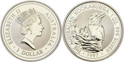 Австралия 1 доллар 1997 кукабарра KM 318 серебро UNC 11-317-23