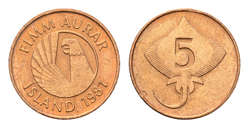 Исландия 5 эйре 1981 год-тип KM 24 бронза UNC M83-07
