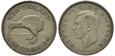 Новая Зеландия 1 флорин 1941 Георг VI (1936-1952), птичка киви KM 10.1 серебро 272-1523