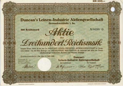 Германия 300 рейхсмарок 1929 АО Duncan's Leinen-Industrie, акция   бумага   8803-50-1