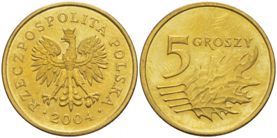 Польша 5 грошей 2004 MW KM 278, Parchimowicz 703k латунь UNC 4516-1163