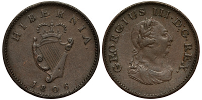 ИРЛАНДИЯ 1 ФАРТИНГ 1806 ГЕОРГ III KM 146.1 медь 1525-835