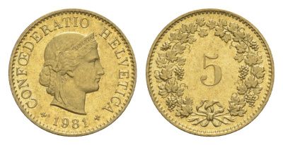 Швейцария 5 раппенов 1981 KM 26c алюминиевая бронза 4611-1239