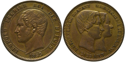 Бельгия 10 сантимов 1853 Свадьба Леопольда и Марии Генриетте, Леопольд I (1831-1865), малая дата X M1.2, Morin 3b медь 4557-1214