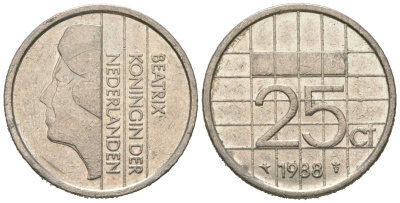 Нидерланды 25 центов 1988 Беатрикс (1980-2013) KM 204 никель 4621-451