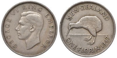 Новая Зеландия 1 флорин 1947 птичка киви, Георг VI, год тип KM 10.2а медно-никель 4117-435