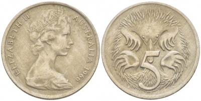 АВСТРАЛИЯ 5 ЦЕНТОВ 1966 ЕЛИЗАВЕТА II, МОЛОДОЙ ПОРТРЕТ, ЕХИДНА KM 64 медно-никель 4532-552