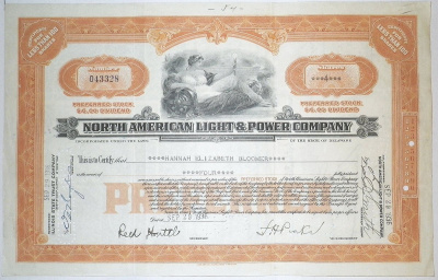 США, NORTH AMERICAN LIGHT & POWER COMPANY 4 акции 1936 бумага 00-00