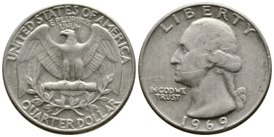 США 25 центов (квотер) 1969 Вашингтон KM 164а медь плакированная медно-никелем 57-231