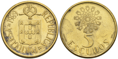 Португалия 5 эскудо 1989  KM 632 никель латунь    4161-831