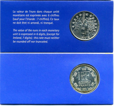 Франция 1 евро = 6,55957 франков 2001 в оригинальном картонном буклете, сертификат KM 1265.1 серебро BUNC 5-4-4-17