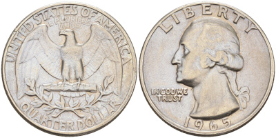 США 25 центов (квотер) 1965 Вашингтон KM 164a медь плакированная медно-никелем 190-311