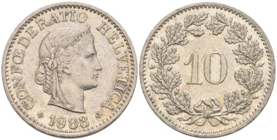 ШВЕЙЦАРИЯ 10 РАППЕНОВ 1983 KM 27 медно-никель 55-522