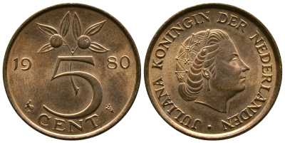 Нидерланды 5 центов 1980 Юлиана (1948-1980) KM 181 бронза 177-137